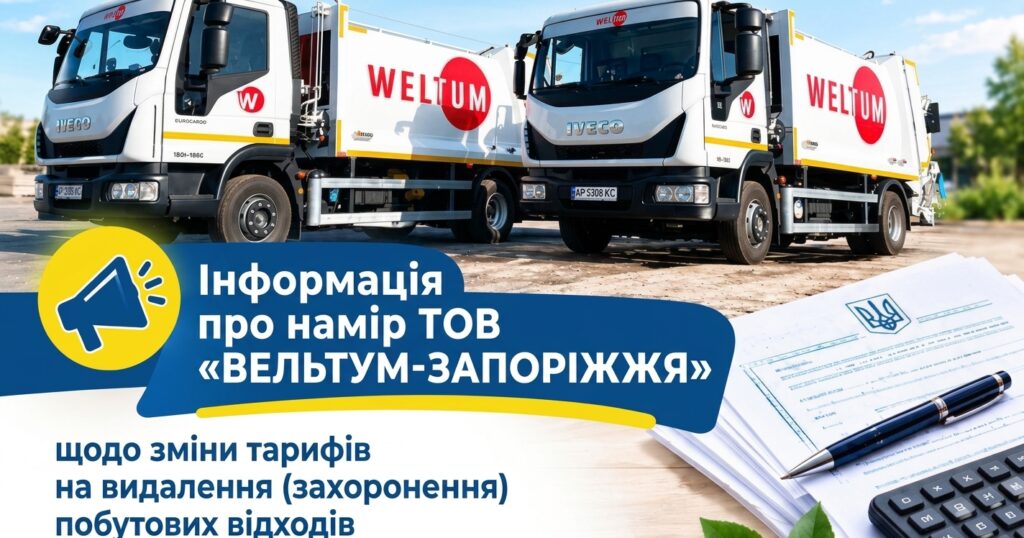 Інформація про намір ТОВ «ВЕЛЬТУМ-ЗАПОРІЖЖЯ» щодо зміни тарифів на  видалення (захоронення) побутових відходів